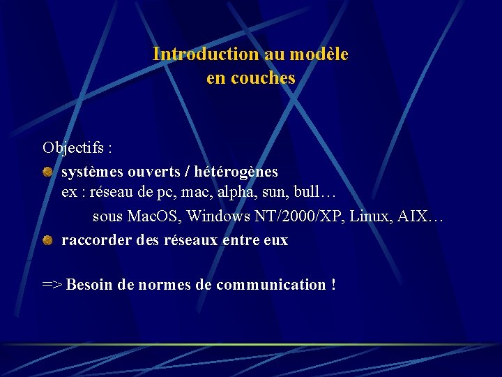 Introduction au modèle en couches Objectifs : systèmes ouverts / hétérogènes ex : réseau