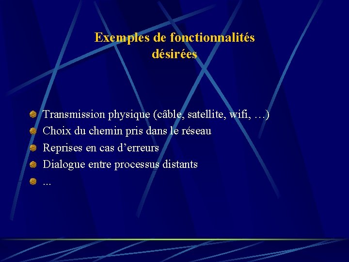 Exemples de fonctionnalités désirées Transmission physique (câble, satellite, wifi, …) Choix du chemin pris