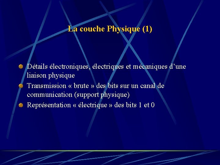 La couche Physique (1) Détails électroniques, électriques et mécaniques d’une liaison physique Transmission «