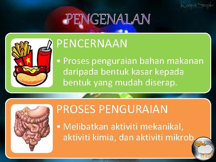 PENGENALAN PENCERNAAN • Proses penguraian bahan makanan daripada bentuk kasar kepada bentuk yang mudah