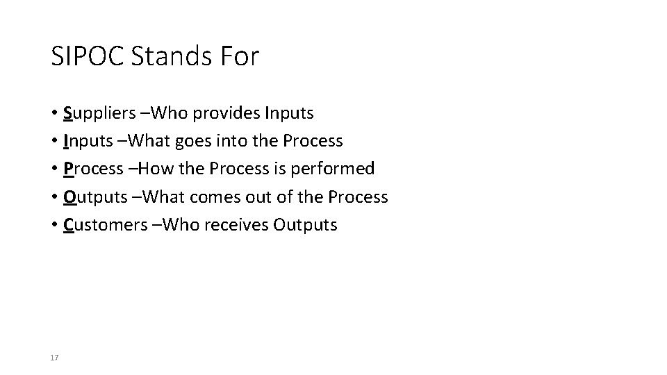 SIPOC Stands For • Suppliers –Who provides Inputs • Inputs –What goes into the