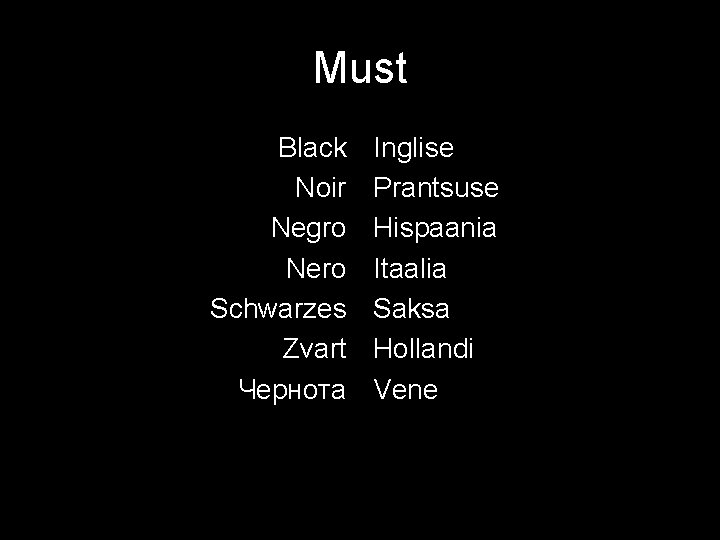 Must Black Noir Negro Nero Schwarzes Zvart Чернота Inglise Prantsuse Hispaania Itaalia Saksa Hollandi