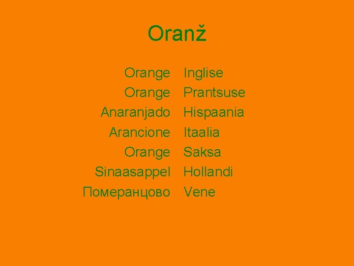 Oranž Orange Anaranjado Arancione Orange Sinaasappel Померанцово Inglise Prantsuse Hispaania Itaalia Saksa Hollandi Vene