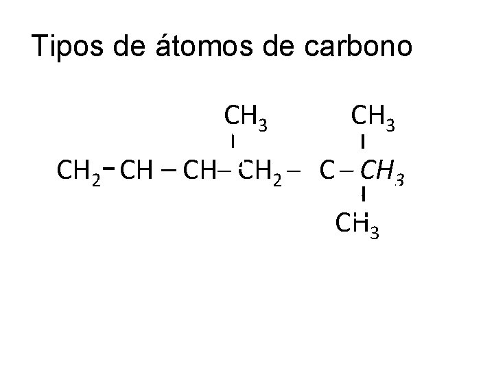 Tipos de átomos de carbono PRIMARIOS – CH 3 – CH 2 CH –