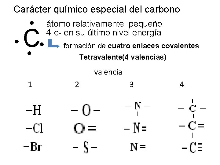 Carácter químico especial del carbono • • C • • átomo relativamente pequeño 4