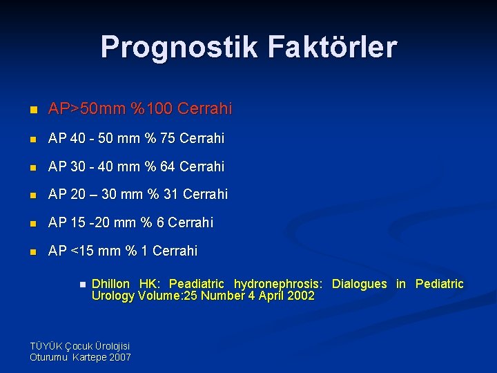 Prognostik Faktörler n AP>50 mm %100 Cerrahi n AP 40 - 50 mm %