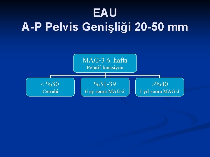 EAU A-P Pelvis Genişliği 20 -50 mm MAG-3 6. hafta Relatif fonksiyon < %30