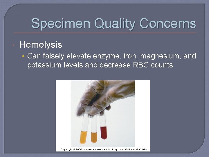 Specimen Quality Concerns Hemolysis • Can falsely elevate enzyme, iron, magnesium, and potassium levels