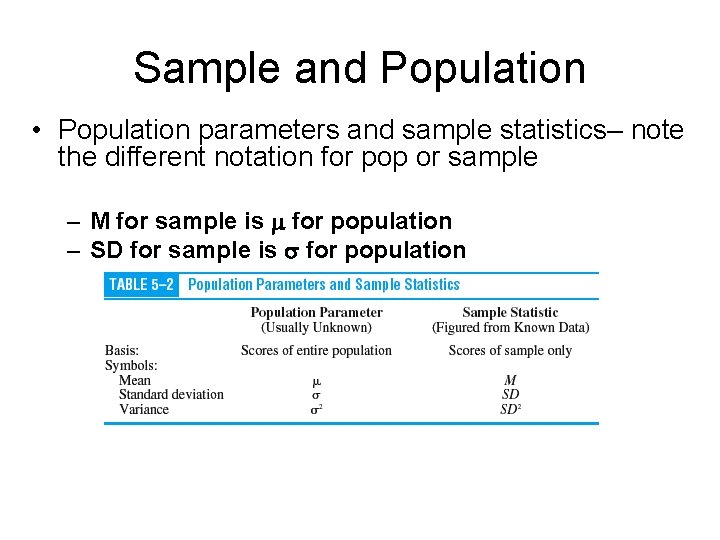 Sample and Population • Population parameters and sample statistics– note the different notation for