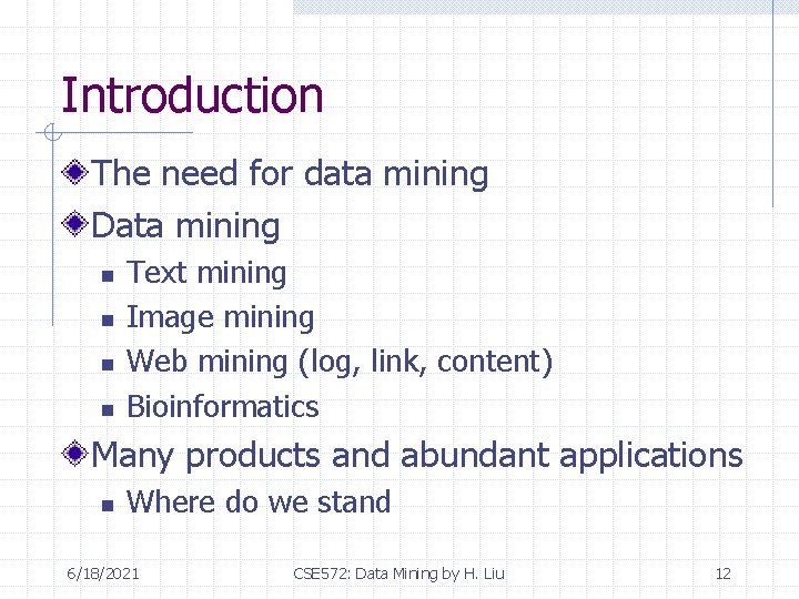 Introduction The need for data mining Data mining n n Text mining Image mining