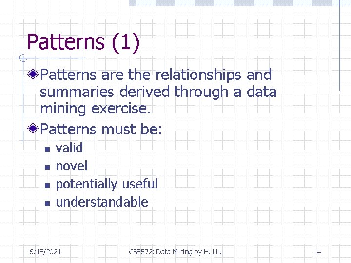 Patterns (1) Patterns are the relationships and summaries derived through a data mining exercise.