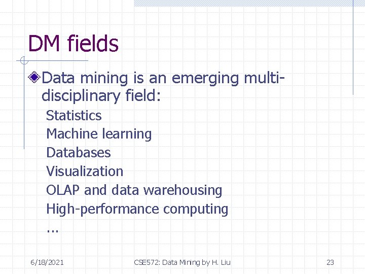 DM fields Data mining is an emerging multidisciplinary field: Statistics Machine learning Databases Visualization