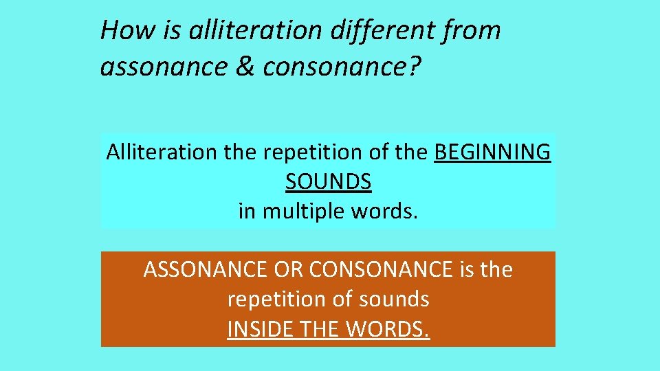 How is alliteration different from assonance & consonance? Alliteration the repetition of the BEGINNING