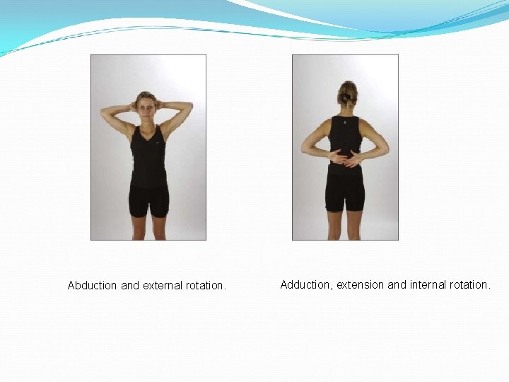 Abduction and external rotation. Adduction, extension and internal rotation. 