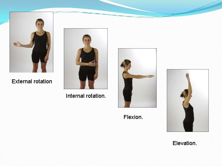 External rotation Internal rotation. Flexion. Elevation. 