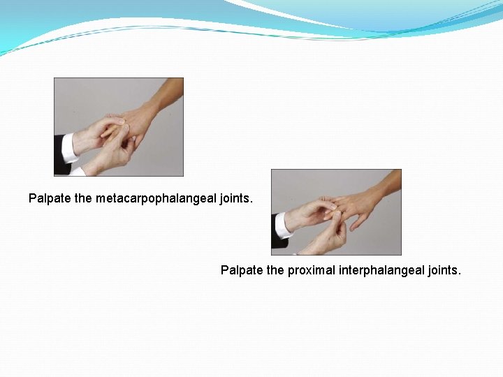 Palpate the metacarpophalangeal joints. Palpate the proximal interphalangeal joints. 