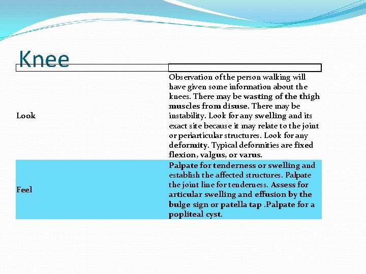 Knee Look Feel Observation of the person walking will have given some information about
