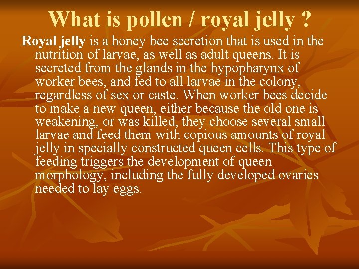 What is pollen / royal jelly ? Royal jelly is a honey bee secretion