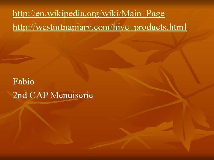 http: //en. wikipedia. org/wiki/Main_Page http: //westmtnapiary. com/hive_products. html Fabio 2 nd CAP Menuiserie 