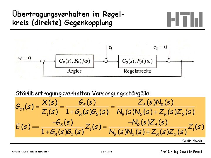 Übertragungsverhalten im Regelkreis (direkte) Gegenkopplung Störübertragungsverhalten Versorgungsstörgöße: Quelle: Wendt Oktober 2002 / Regelungstechnik Blatt