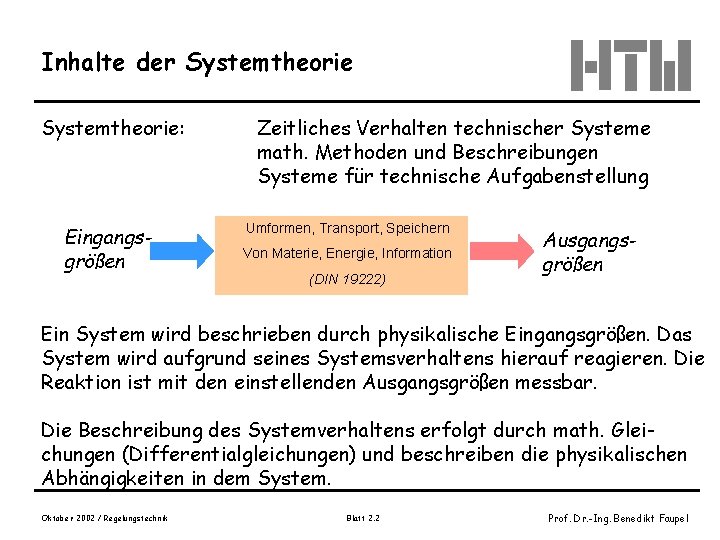 Inhalte der Systemtheorie: Eingangsgrößen Zeitliches Verhalten technischer Systeme math. Methoden und Beschreibungen Systeme für