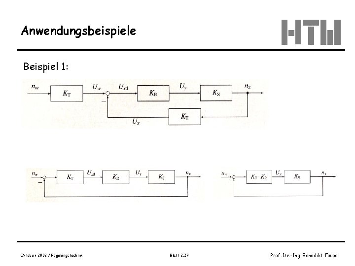 Anwendungsbeispiele Beispiel 1: Oktober 2002 / Regelungstechnik Blatt 2. 29 Prof. Dr. -Ing. Benedikt