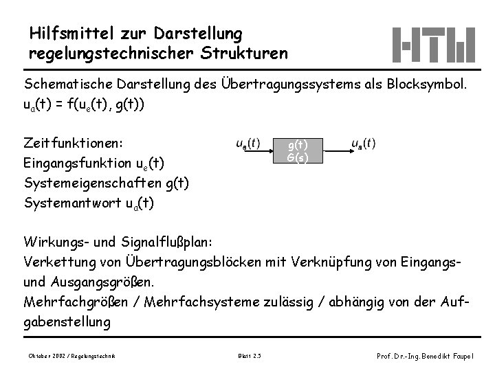 Hilfsmittel zur Darstellung regelungstechnischer Strukturen Schematische Darstellung des Übertragungssystems als Blocksymbol. ua(t) = f(ue(t),