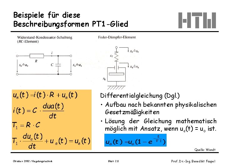 Beispiele für diese Beschreibungsformen PT 1 -Glied Differentialgleichung (Dgl. ) • Aufbau nach bekannten