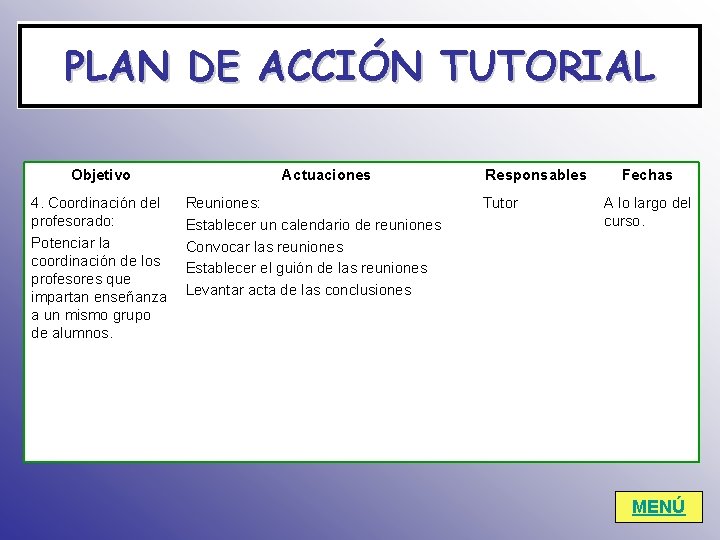 PLANDE DEACCIÓNTUTORIAL PLAN Objetivo 4. Coordinación del profesorado: Potenciar la coordinación de los profesores