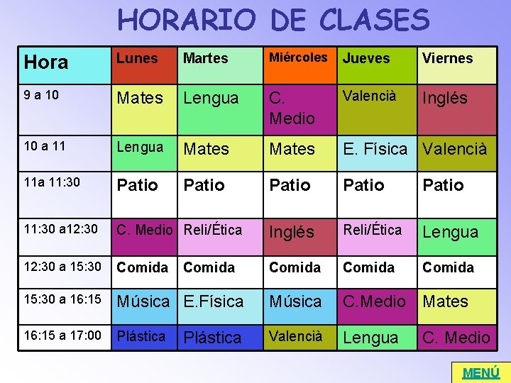 HORARIO DE CLASES Hora Lunes Martes Miércoles Jueves Viernes 9 a 10 Mates Lengua