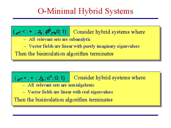O-Minimal Hybrid Systems Consider hybrid systems where – All relevant sets are subanalytic –