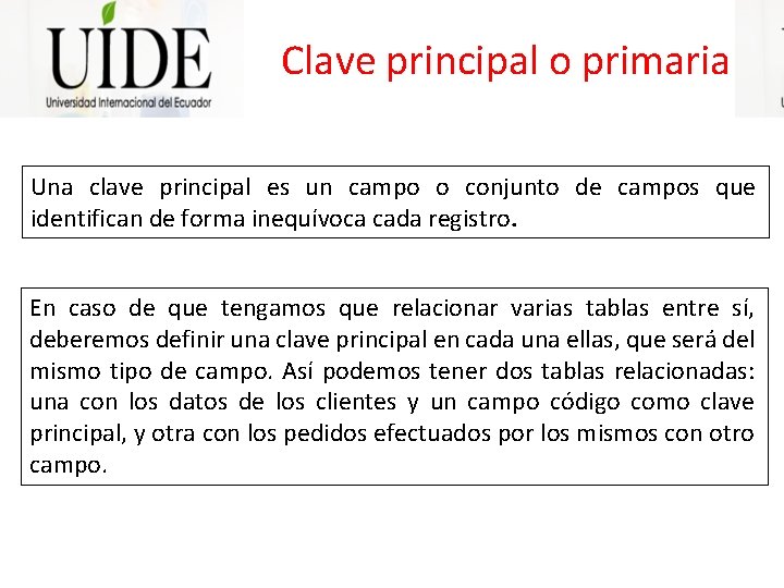 Clave principal o primaria Una clave principal es un campo o conjunto de campos