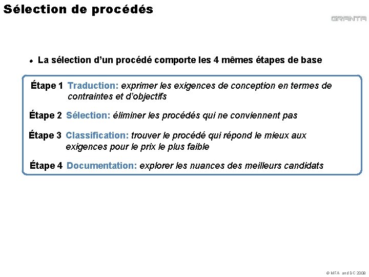 Sélection de procédés l La sélection d’un procédé comporte les 4 mêmes étapes de