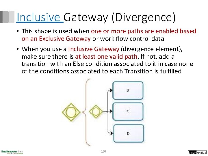 Inclusive Gateway (Divergence) • This shape is used when one or more paths are