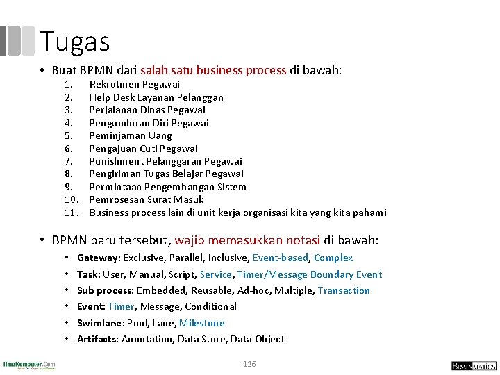 Tugas • Buat BPMN dari salah satu business process di bawah: 1. 2. 3.