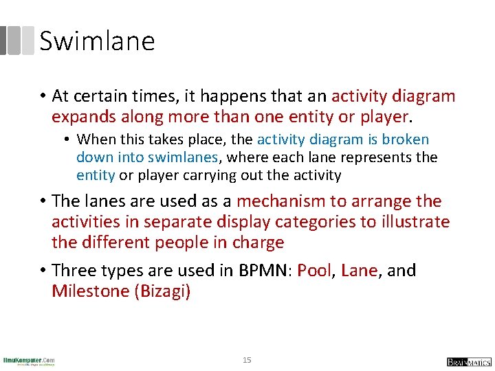 Swimlane • At certain times, it happens that an activity diagram expands along more