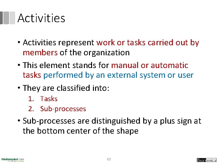Activities • Activities represent work or tasks carried out by members of the organization