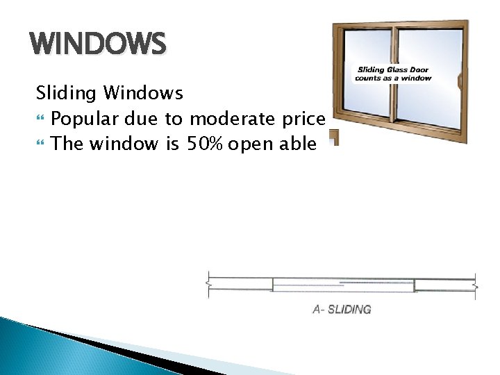 WINDOWS Sliding Windows Popular due to moderate price The window is 50% open able