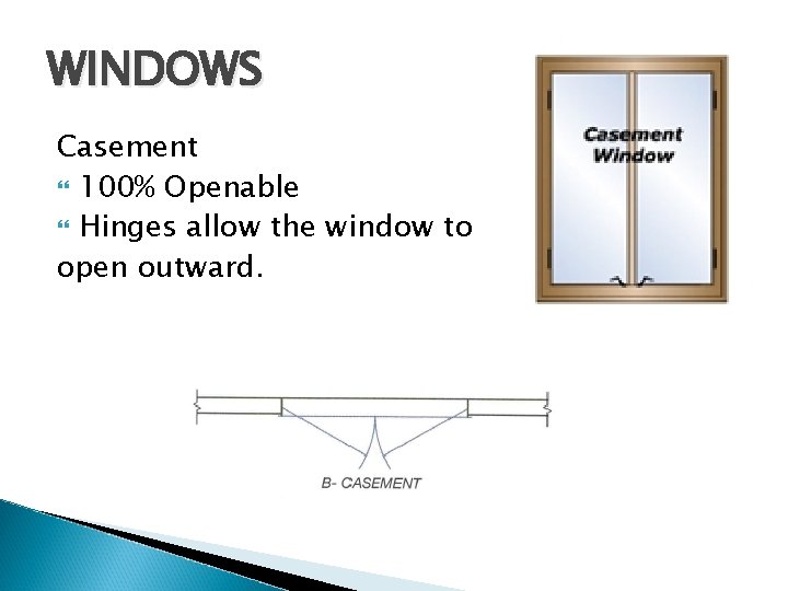 WINDOWS Casement 100% Openable Hinges allow the window to open outward. 