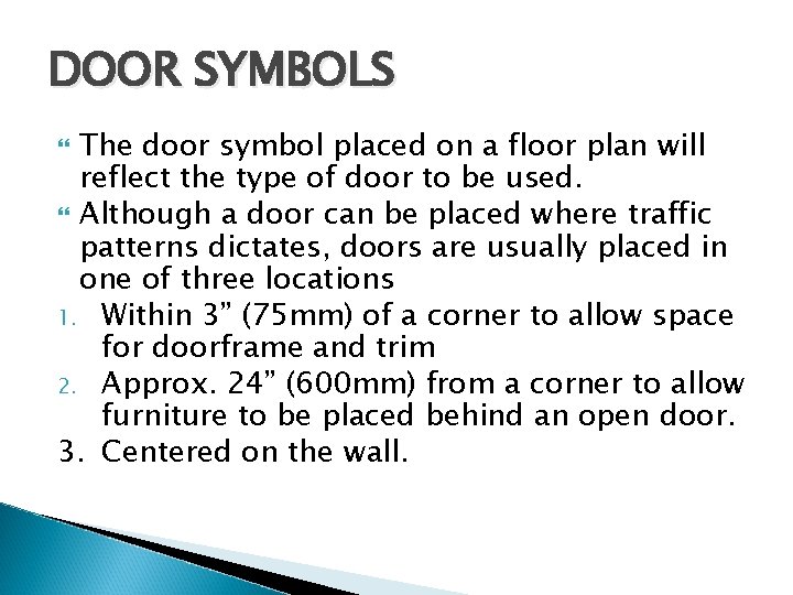 DOOR SYMBOLS The door symbol placed on a floor plan will reflect the type
