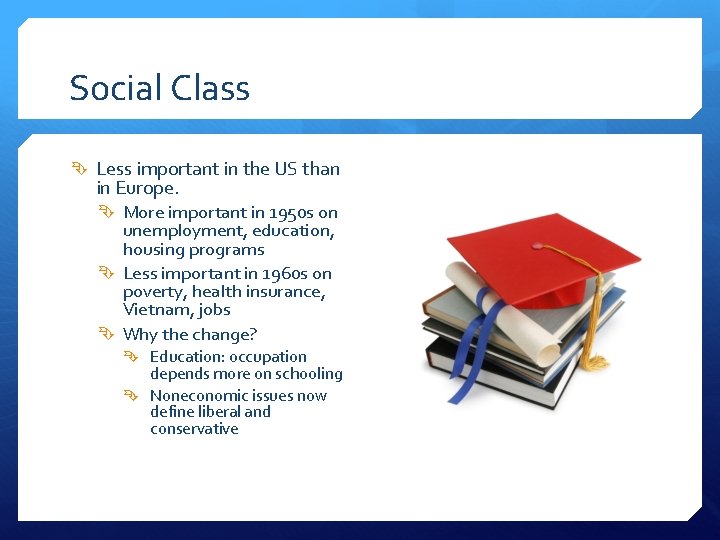 Social Class Less important in the US than in Europe. More important in 1950