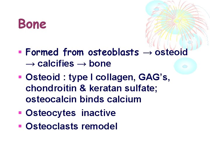 Bone Formed from osteoblasts → osteoid → calcifies → bone Osteoid : type I