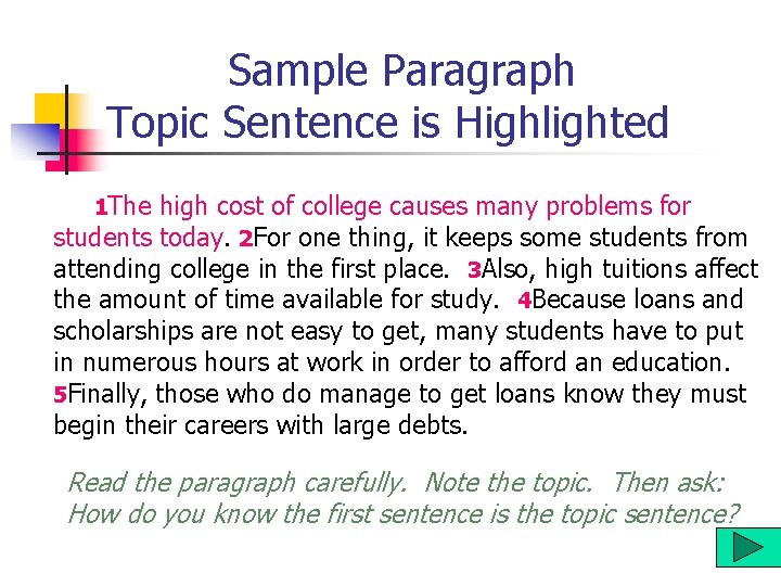 Sample Paragraph Topic Sentence is Highlighted 1 The high cost of college causes many Sample Paragraph Topic Sentence is Highlighted 1 The high cost of college causes many