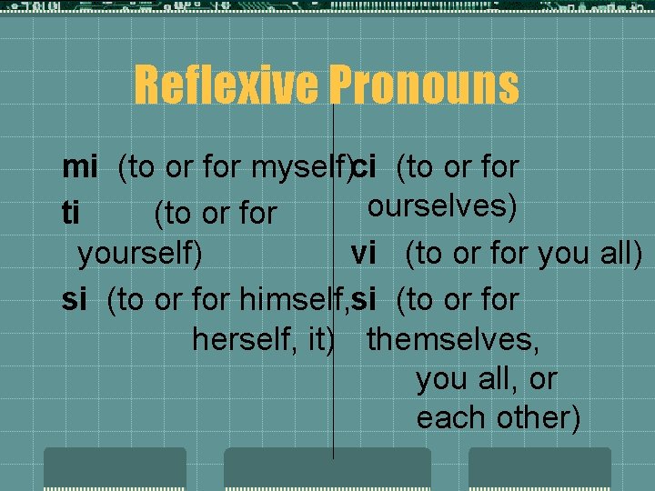 Reflexive Pronouns mi (to or for myself)ci (to or for ourselves) ti (to or