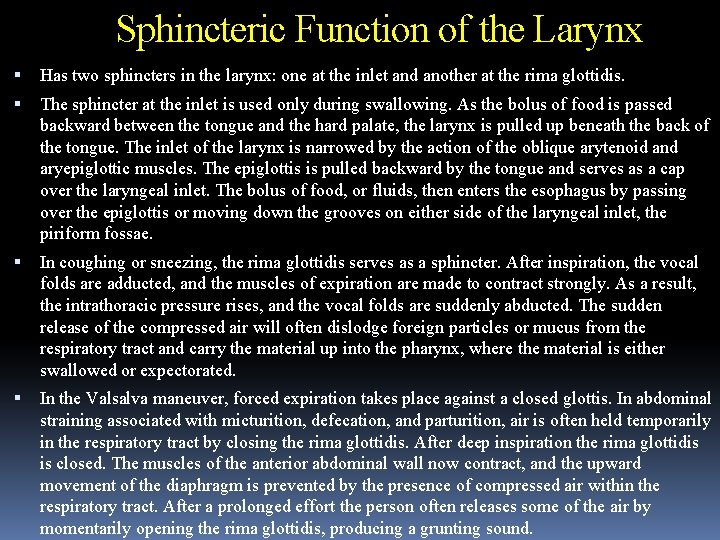 Sphincteric Function of the Larynx Has two sphincters in the larynx: one at the