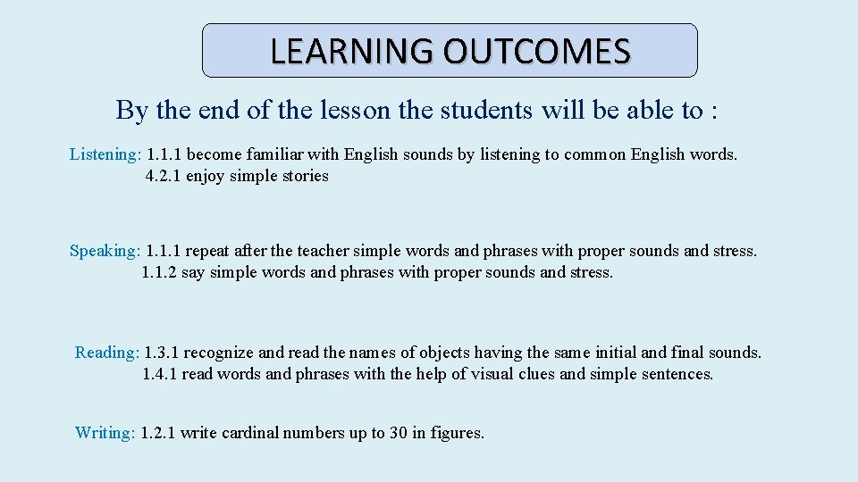 LEARNING OUTCOMES By the end of the lesson the students will be able to