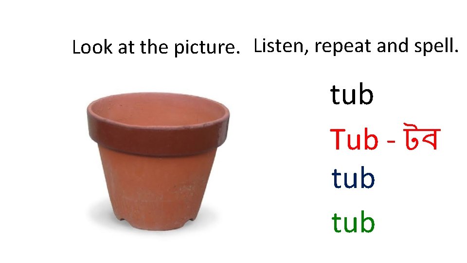 Look at the picture. Listen, repeat and spell. tub Tub - টব tub 