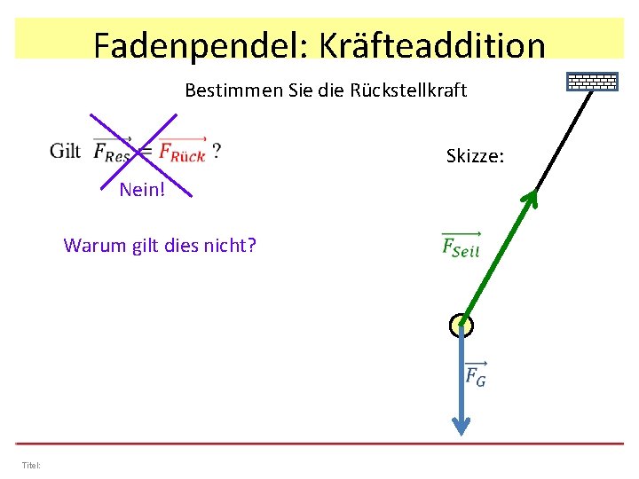 Fadenpendel: Kräfteaddition Bestimmen Sie die Rückstellkraft Skizze: Nein! Warum gilt dies nicht? Titel: 