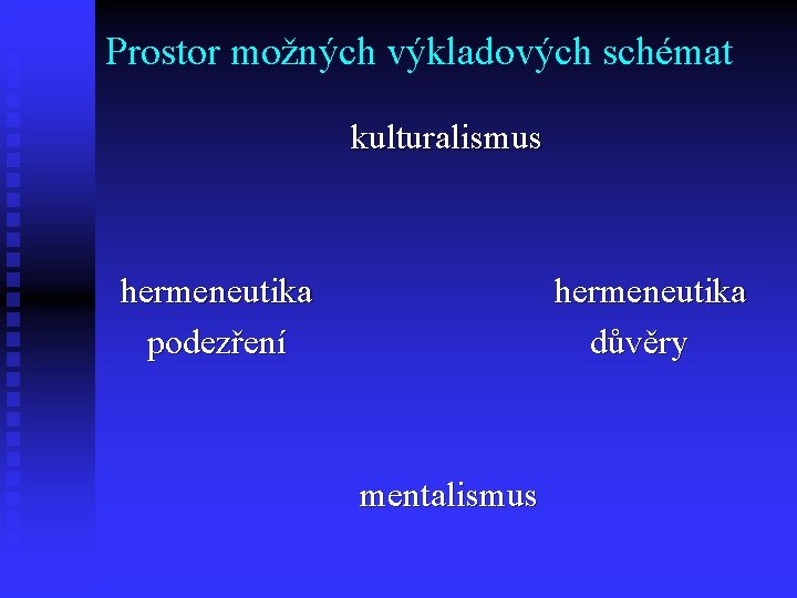 Prostor možných výkladových schémat kulturalismus hermeneutika podezření hermeneutika důvěry mentalismus 