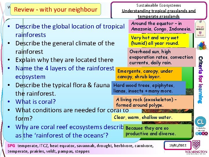 Why are natural ecosystems important? Review - with your neighbour Sustainable Ecosystems Understanding tropical